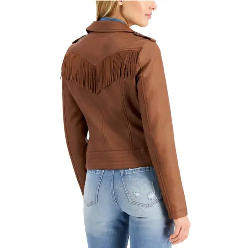 Coffee Shop Junior's Brown Faux Leather Fringe Moto Jacket Size L