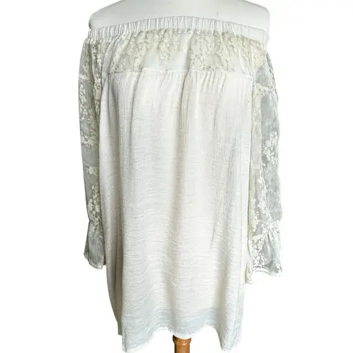 Cal Style Tunic Dress Off the Shoulder 3/4 Lace Sleeve Beige Boho Chic Festival Tan Size L