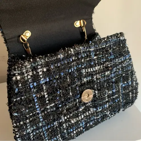 None Mini Tweed Blue Black White Fabric Gold Chain Link Shoulder Handbag