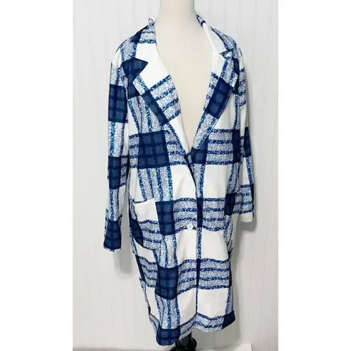 None Check Plaid Lightweight Coat Jacket Button Front Pockets White Blue Women's XL