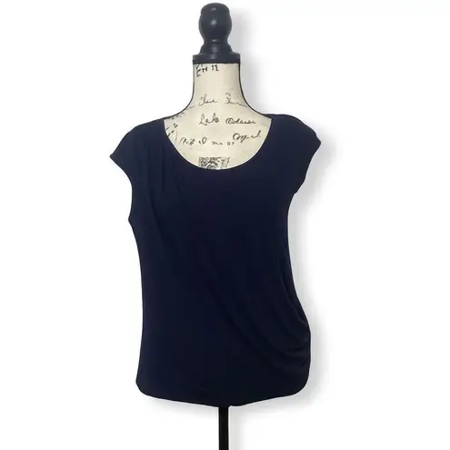 Three Dots Navy Blue Draped Top Women’s Medium Cap Sleeve Shirt Made in USA