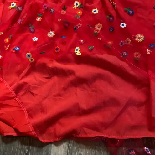 Embroidered Floral Mesh Tulle Drop Waist Red Maxi Skirt Pleated Small Boho