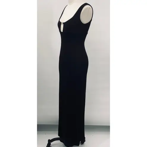 Vintage 90s Slinky Gown Black Embellished Cut out Neckline Fitted Bodycon Black Size XS