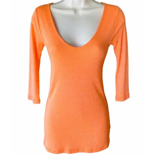 Michael Stars Stretchy Orange V-Neck 3/4 Sleeve Women's Top ~ One Size Fits Most