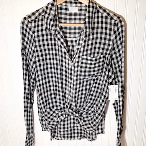 Abound NWT  Plaid Long Sleeve Tie Front Knot Tee Check XS Gingham Black White