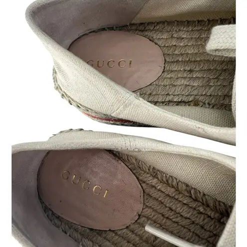 Gucci  Cream Lace Up Canvas Logo Platform Espadrilles