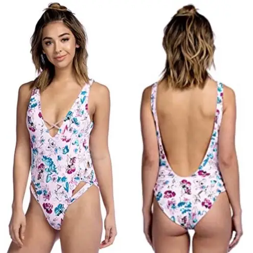 The Bikini Lab Swimsuit Size Large Reversible One Piece Floral Solid Beach NWT
