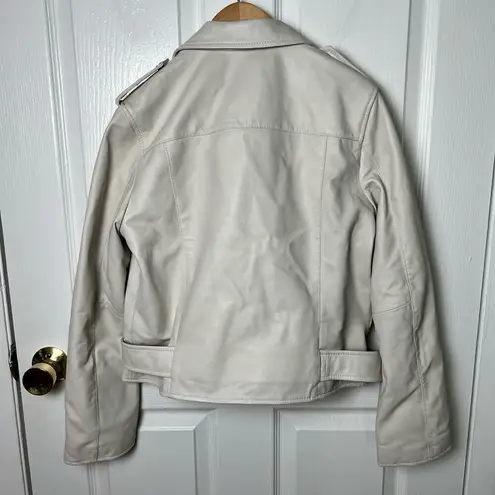 All Saints Leather Biker Balfern Belted Hem Zip Up Long Sleeve Jacket Ivory 10