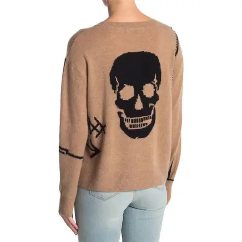 360 Cashmere Skull Sweater Tan Black Graphic Crewneck Pullover Size Small