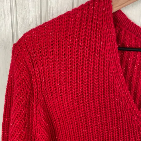 Faded Glory  Ribbed Knit V-neck Sweater Metallic Thread Bright Red Size Large