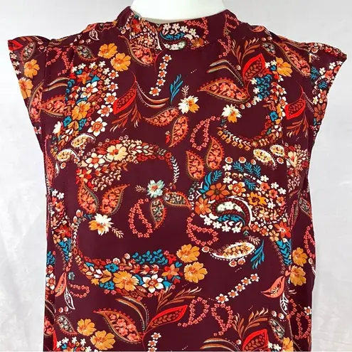 Lily White burgundy high neck paisley print top with keyhole back size medium