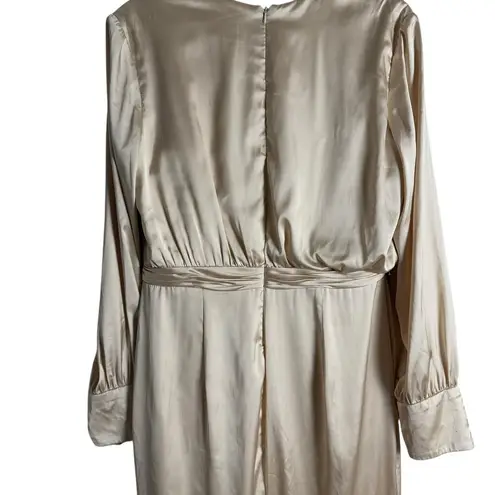 Mac Duggal Champagne Gold Long Sleeve Faux Wrap Slit Satin Evening Gown Size 12