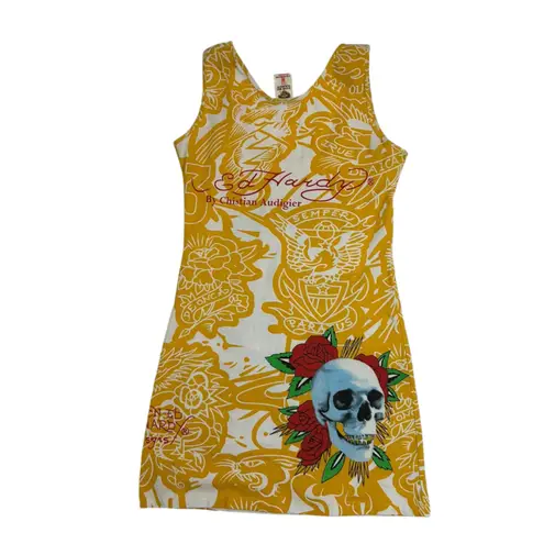 Ed Hardy Vintage Y2K Yellow Christian Audigier Cami Mini Dress | Tattoo Art