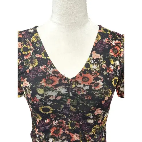 Noisy May Cropped Top Floral Ruched Detail Short Sleeves Black Women's XS NWOT