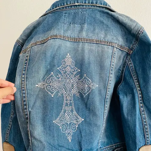 Old Navy Y2K  Denim Blue Jean Cotton Jacket Back Bedazzled Silver Sparkle Cross