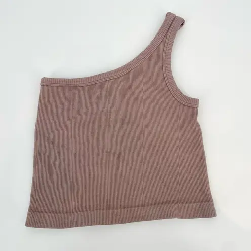 By Together  Espresso Seamless One Shoulder Ribbed Spring Tank Top Taupe Size S/M