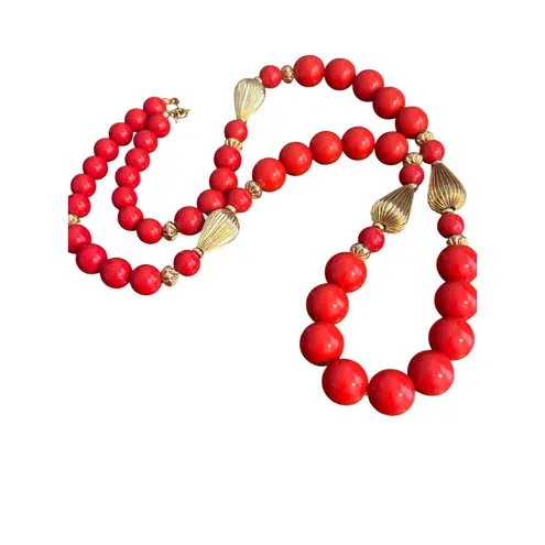 Vintage 80s Red Acrylic Bead Necklace Gold Textured Accents Made In Korea 30"