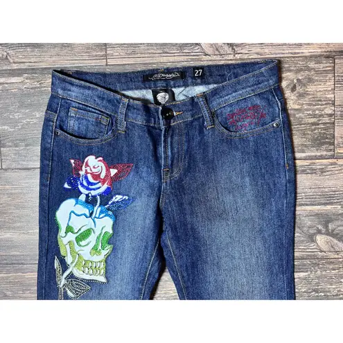 Ed Hardy Vintage Jeans SZ 27 Rhinestone Skull Rose Embellished Denim Grunge Y2K