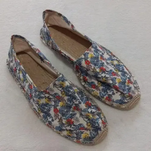 Soludos Multicolored Floral Leaf Print Canvas Jute Slip On Flat Espadrilles
