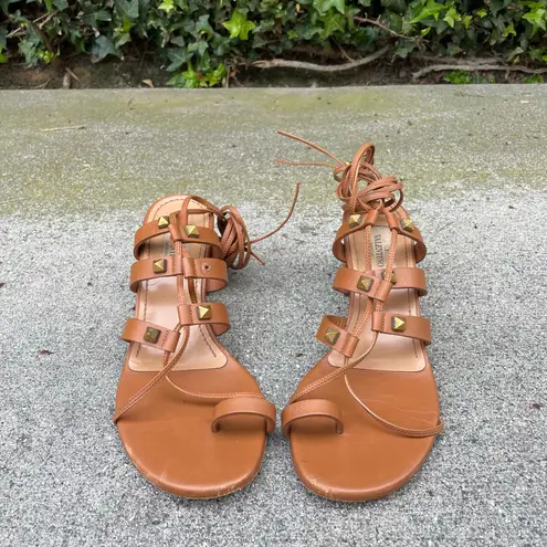 Valentino Garavani Valentino Rockstud Gladiator tan leather lace-up block heel sandal size IT36 US6