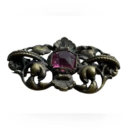 Antique Victorian Paste Brooch Gothic Revival Dark Patina Metal Pink