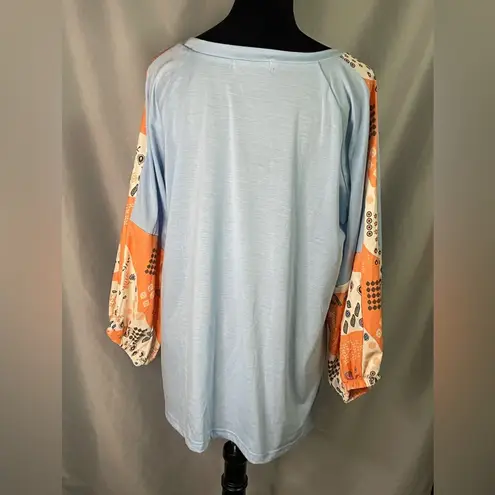 Miss Look Quilt Print 3/4 Sleeve Top Shirt Carolina Blue Cotton Round Neck XL EUC