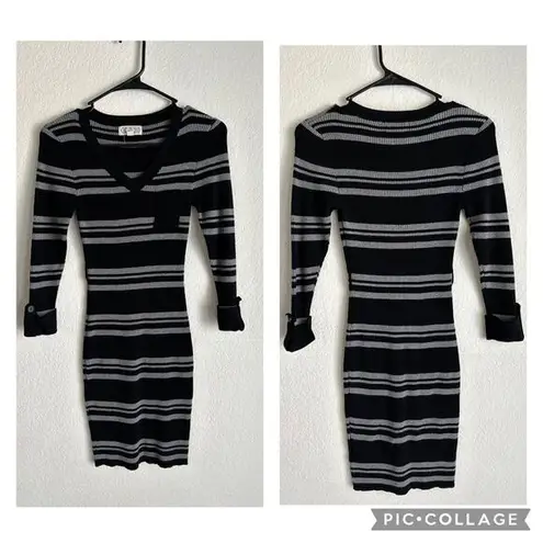 Pink Rose  Junior Mini Bodycon Black Gray Striped Y2K  V-Neck Dress Size Small