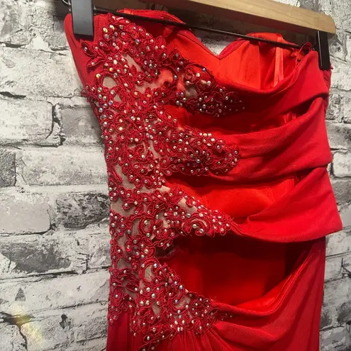 XScape EUC Strapless Beaded Cut Out Back Prom Dress Size 0 (Red) STYLE# XS6876