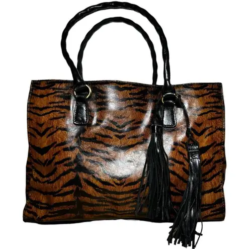 Patricia Nash Primrose Satchel Leather Adjustable Strap Tassel Fox Tiger Brown