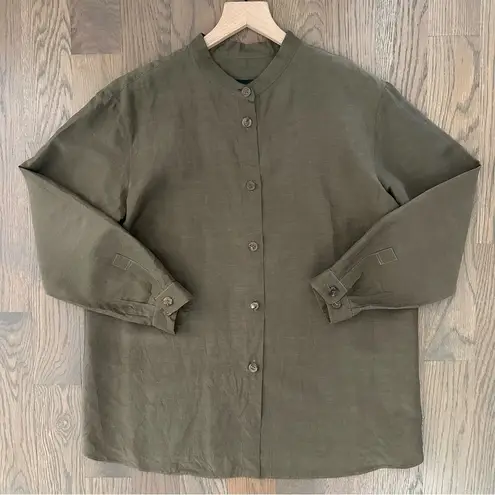 Giorgio Armani Classico Vintage Silk Linen Button Front Blouse Olive Green M