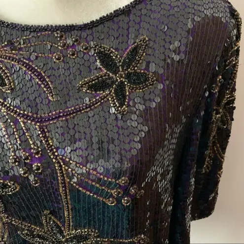Scala Vintage Silk Top Black Purple Beaded Sequins