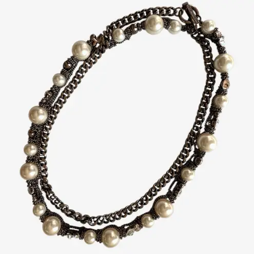 Givenchy Faux Pearl and Crystal Layered Bronze Necklace w Signed Toggle Clasp