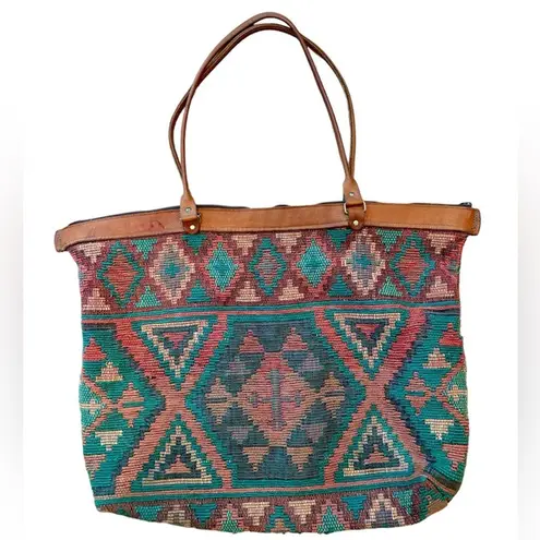 American Vintage Vintage Carpetbag Tote Kilim Leather Woven Large Bag