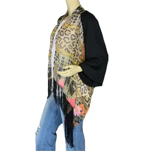 Alberto Makali BLACK, TAN & PINK ANIMAL PRINT OPEN FRONT FRINGE KIMONO (M)
