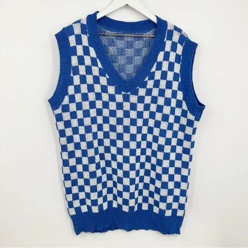 Blue Checkerboard V Neck Sweater Vest Size 1XL Grunge Streetwear Plus Size Boho