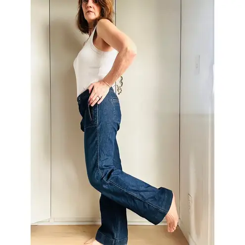 Y2K Denim Jeans Dark Wash Flared Sailor Style Pockets Size Waist 32 Low Rise Fit Blue