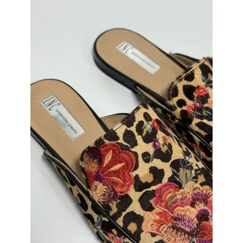 INC Women's Leopard Floral Embroidered Flats Real Calf Hair Mules Shoes 10.5