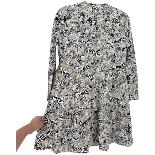 J.Crew Animal Print Novelty Zebra Leopard Long Sleeve Tiered Mini Dress Size XS Black