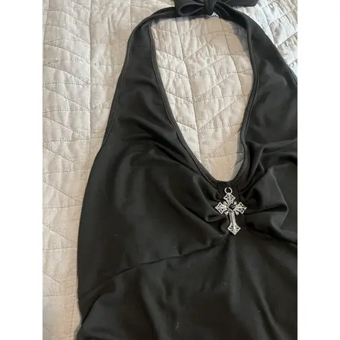 Beaudrm Tiered Mini Dress Size XL Black Sleeveless Halter Tie Neck Cross Pendant