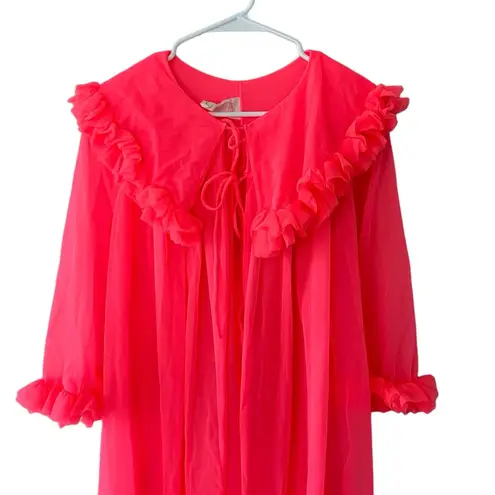 None Vintage 60’s Peignoir Chiffon Robe Hot Coral Pink Ruffles Size Small ILGWU Union