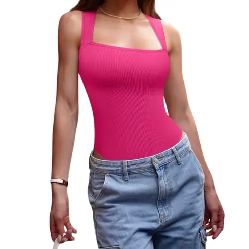 OQQ Womens Bodysuit Sexy Ribbed Square Neck Tummy Control Tank Top Pink Medium