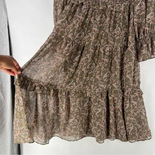 Love Riche Love Riche Chiffon Olive Paisley Ruffle Long Sleeve Peasant Tiered Maxi Dress M