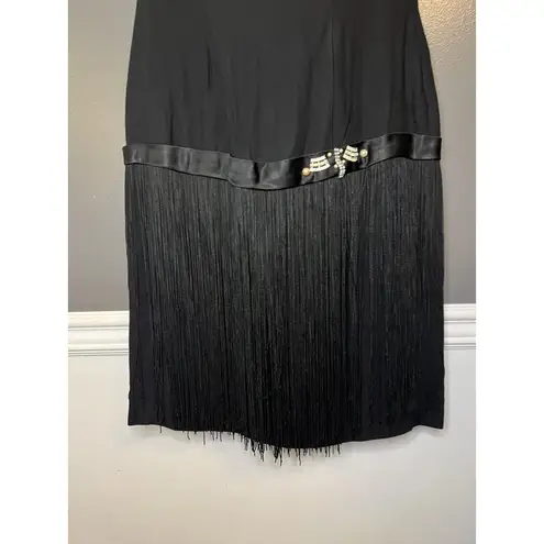 Vintage Flapper Dress Womens Large 20s Gatsby Sleeveless Fringe Beaded Accent Black