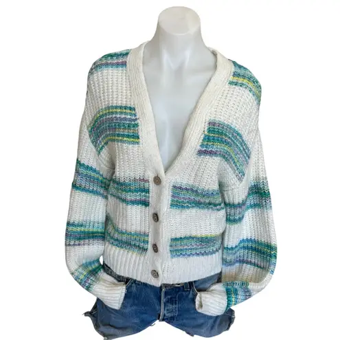 Slate + Willow White Teal Striped Oversized Cardigan Sweater SMALL Cropped $125