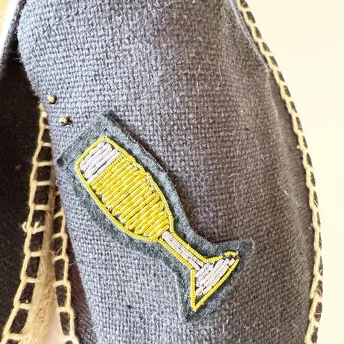 Soludos Black Canvas Espadrille Party Champagne Embroidered Size 9 Wedding Toast