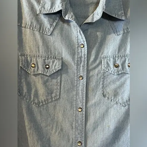 Evan Picone Pearl Snap Denim Jean Shirt Lg Western Rodeo Cowgirl Country Vintage Blue