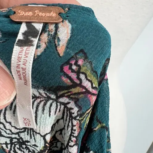 Free People  Cherry Blossom Teal Floral Mini Dress Long Sleeve Size XS