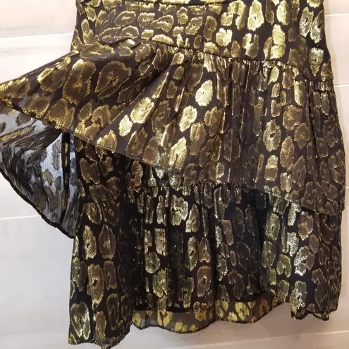 ALC Frank {4} A.L.C. Baxter Tiered Metallic Gold Ruffle Skirt Cheetah Animal Print