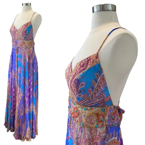 Issue Silk Beaded Paisley Maxi Dress Boho Evening Gown Open Back 90s Y2K Size 8