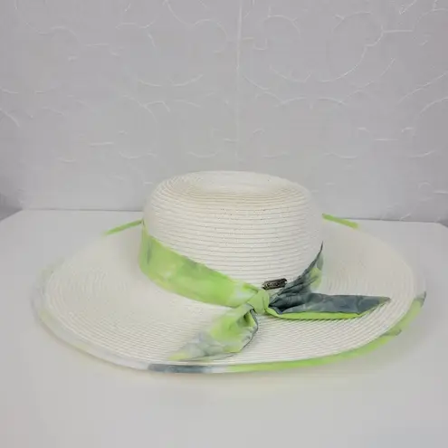 Sun n Sand Womens Sun Hat White Green Tie Dye Ribbon Trim Wide Brim Beach Summer